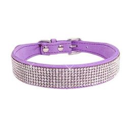 Crystal Dog Collar Solid Color Leather (Color: purple, size: S)