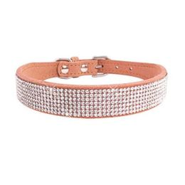 Crystal Dog Collar Solid Color Leather (Color: brown, size: M)
