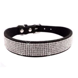 Crystal Dog Collar Solid Color Leather (Color: Black, size: S)
