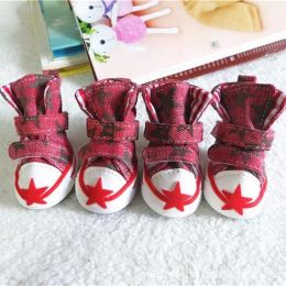 Wholesale 4 pc star breathable outdoor canvas dog shoes (Color: Red, size: 4)