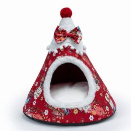 Cat Bed House Christmas Tree Shape Puppy Kennel Washable Cat Mat Kitten Cave Winter Warm Pet Beds for Cats Dogs Pet Accessories (Color: Red 1, size: S 45x38x38cm)