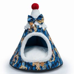 Cat Bed House Christmas Tree Shape Puppy Kennel Washable Cat Mat Kitten Cave Winter Warm Pet Beds for Cats Dogs Pet Accessories (Color: Blue, size: S 45x38x38cm)
