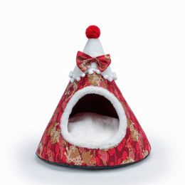 Cat Bed House Christmas Tree Shape Puppy Kennel Washable Cat Mat Kitten Cave Winter Warm Pet Beds for Cats Dogs Pet Accessories (Color: Red 3, size: L 65x55x55cm)